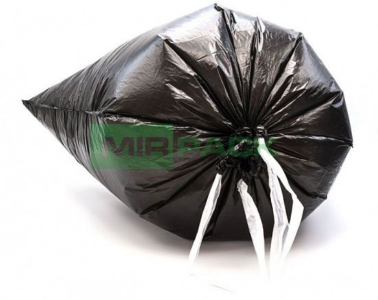Пакеты для мусора с завязками 60 л, 18 мкм, 10 штук, ПНД, для среднетяжелого мусора прямое дно + ленты для затягивания, черные - Вид 3